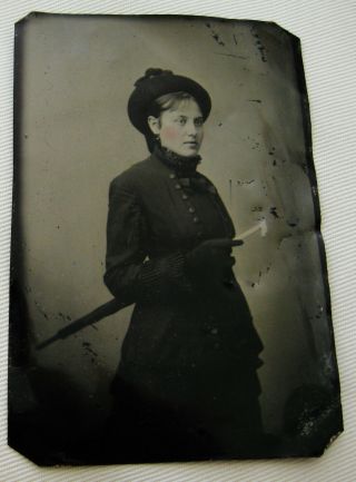 Antique Tintype Photo Of A Lovely Fashionable Young Woman Nicely Posed & Dressed