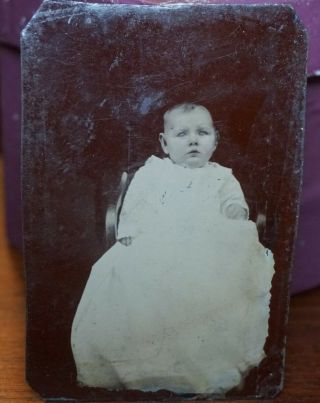 1860s - 70s Tin Type Photo Portrait Baby In Long Gown