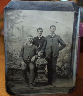 1860s - 70s Tin Type Photo Portrait Group Of 3 Men Brothers ?