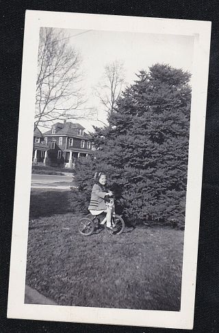 Vintage Antique Photograph Little Girl Riding Tricycle / Bicycle In Backyard
