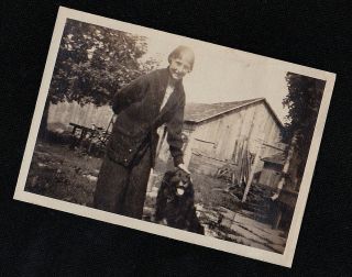 Antique Vintage Photograph Woman Standing By Barn With Adorable Puppy Dog