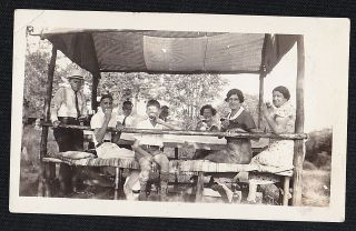 Antique Vintage Photograph People Having Picnic Under Awning In Yard