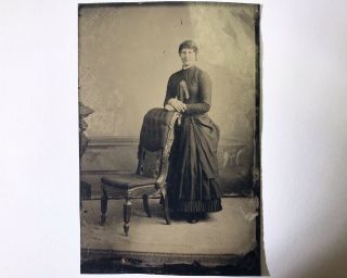 Victorian Tintype Photograph Of A Young Woman Posing With A Chair