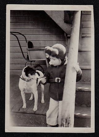 Old Vintage Photograph Cute Little Boy Standing By Stairs With Puppy Dog
