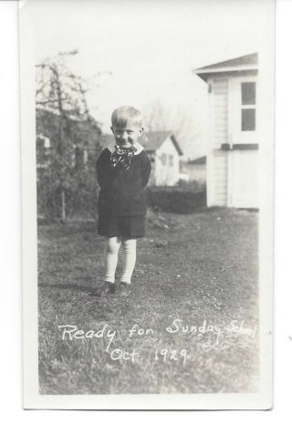 1929 Black&white 3x5 Real Photo Young School Boy Ready For Sunday School Vf Cond