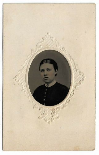Small Tintype - Embossed Frame - Young Woman W/ White Collar And Hair Pulled Up