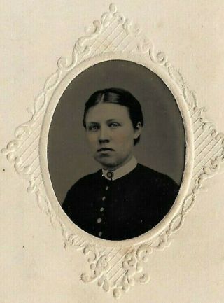 Small Tintype - Embossed Frame - young woman w/ white collar and hair pulled up 2