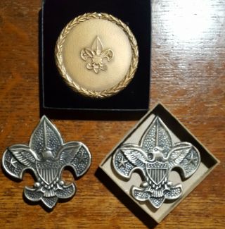 3 Items.  2 Vintage Boy Scout Paperweights.  1 Vintage Bronze Medal