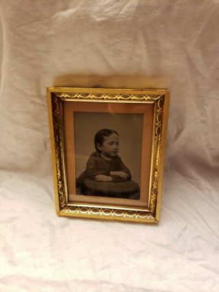 Antique Large 5 " By 7 " Tin Type Photo Of Small Child Posing Painted Cheeks Frame