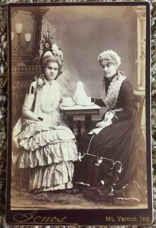 Antique Cabinet Card Photo 2 Ladies Drinking Tea Jones Studio Mount Vernon,  Ind.