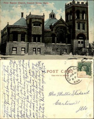1913 Council Grove,  Ks First Baptist Church Morris County Kansas Postcard Vintage