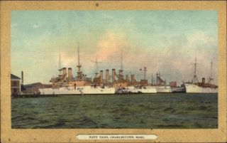 Charlestown Ma Naval Ships At Navy Yard C1910 Postcard - Gold Border