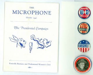 4 Vtg 1940 President Franklin Roosevelt Campaign Pinback Buttons 1 Program Fdr