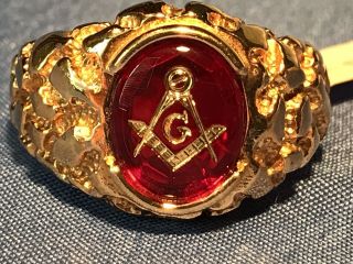Masonic Lodge Ring Red Oval Stone 18k Hge Gold Nugget Style Size 12 Usa Made,  3