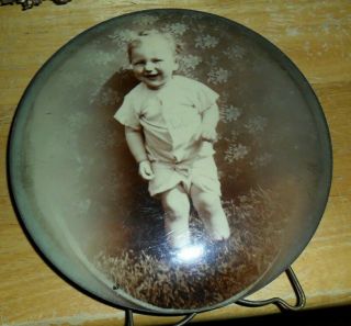 Antique Photo Little Boy Encased In Metal 6 " Round Frame Columbia Portraits ?