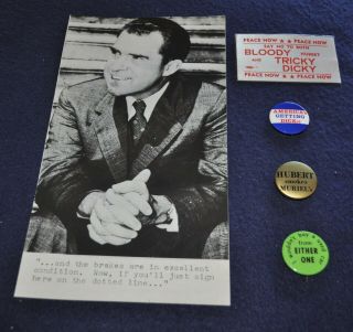3 Vtg 1968 Anti - Pres.  Richard Nixon Poltical Cause Pinback Buttons - 1pnbk 1flier