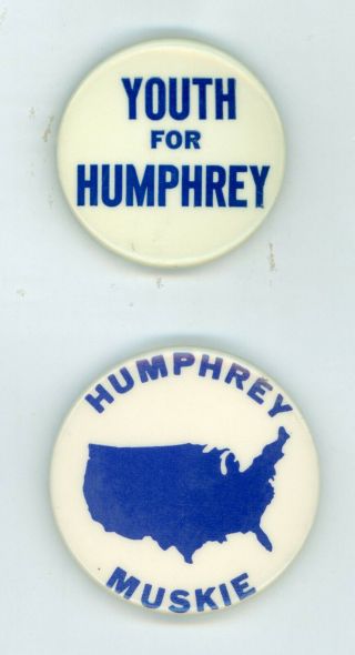 2 Vtg 1968 President Hubert Humphrey Political Campaign Pinback Buttons Youth