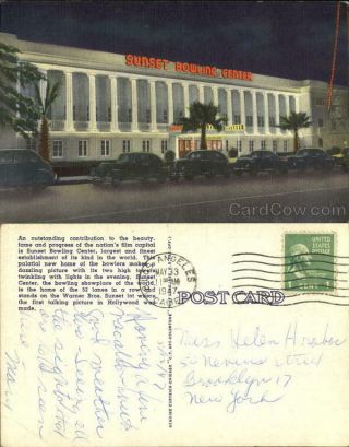 1947 Los Angeles,  Ca Sunset Bowling Center California Linen Postcard 1c Stamp