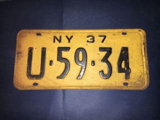 Vintage - 1937 York License Plate - " U - 59 - 34 " - Very Rare