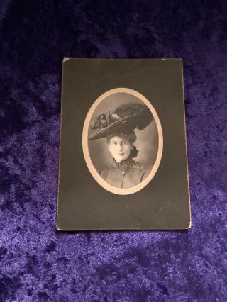 Antique Cabinet Card Cardboard Frame Fancy Woman In Feathered Hat Vintage