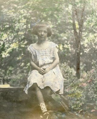 T617 Vtg Photo Hand Tinted,  Victorian Girl Polka Dotted Socks Early 1900 