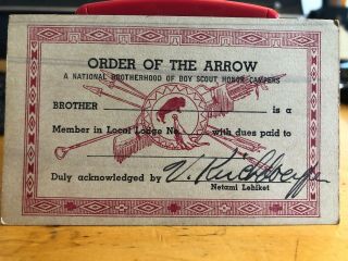Scarce Vintage 1940s Boy Scouts Of America Order Of The Arrow Membership Card