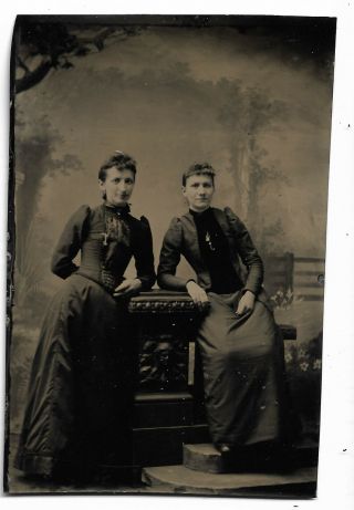 Tintype Photo - 2 Women Wearing Dresses - Painted Studio Backdrop