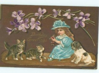 Pre - Linen Girl Playing With Doll & Dog & Kitten Cats Ac2167