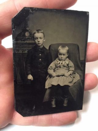 Antique Tintype Photo 1800s Adorable Little Boys Victorian Dress