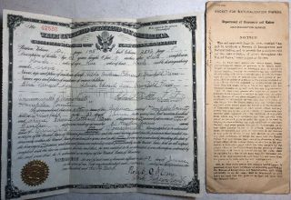 Vintage 1909 U.  S.  Certificate Of Naturalization,  Sweden Jacket For Naturalization