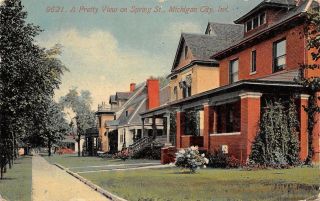 Michigan City Indiana Spring Street Homes 1913 Postcard