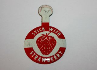 Vintage Stick With Strawberry Fruit Tin Litho Foldover Button Badge Rare