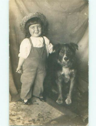 Rppc 1907 Girl In Denim Over - Alls With Faithful Dog Ac8240