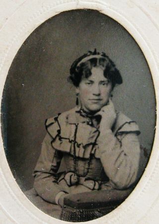 Antique Tintype Photo Of A Lovely Young Woman Wearing A Pretty Dress & Jewelry