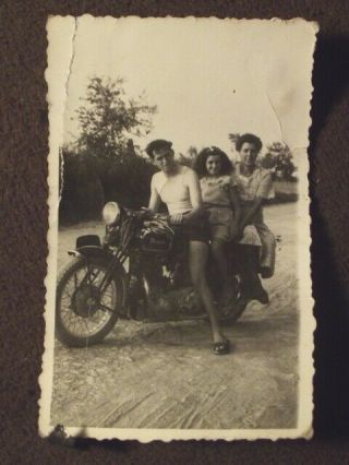 Man On Benelli Motorcycle With Two Women On Back Of Him Vtg 1930 