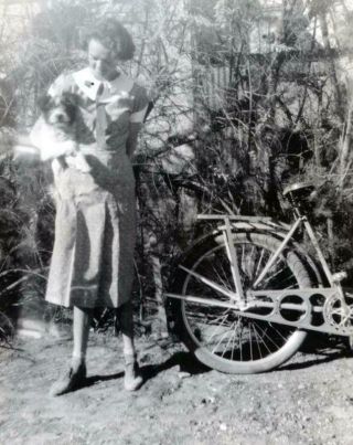 K230 Vtg Photo School Girl With Bike And Pet Schnauzer Terrier Dog C 1930 