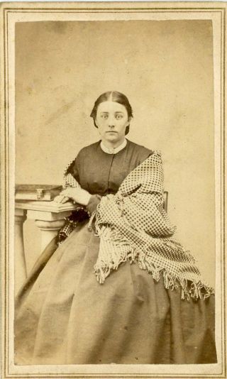 Civil War Cdv Young Lady By Stack Of Books With Revenue Stamp
