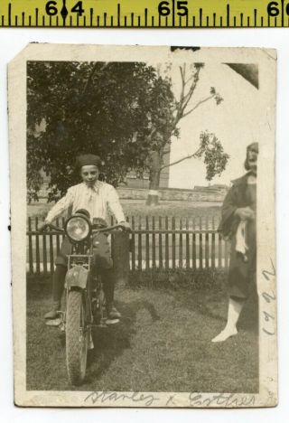 Vintage 1922 Photo / Beret Boy Sitting On Indian Motorcycle Wants To Be A Biker