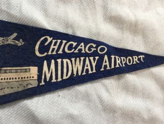 Vintage 1950 ' s Felt Pennant Chicago Midway Airport Planes Blue/Yellow 4