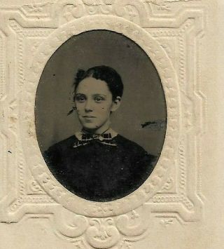 Small Size Tintype Photograph Young Woman Embossed Frame 1860 - 70s