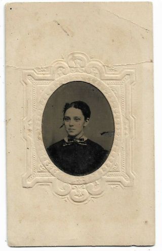 Small Size Tintype Photograph Young Woman Embossed Frame 1860 - 70s 2