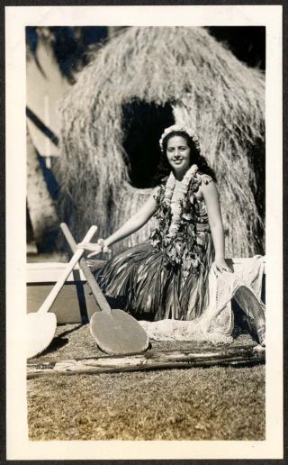 C.  1937 Pretty Young Hula Girl Posing W Outrigger Canoe,  Hawaii