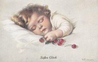 W.  Fialkowska.  Little Girl Asleep Clutching Cherries