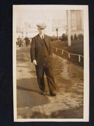 1938 Real Photo Postcard Man At Glasgow Empire Exhibition Tennents Lager Advert