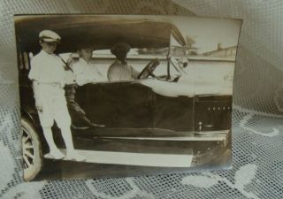 Antique Photo 1917 Fine Dressed Young Boy With 2 Men Standing On A Auburn Car