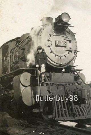 Y243 Vtg Photo Boy Joy With Steam Engine 608 Train Tracks C Early 1900 