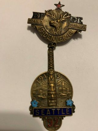 B.  P.  O.  E.  Elk 1914 Denver Colorado Seattle Wash 1915 Convention Badge Pin Back