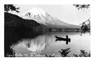 Rppc,  Wa Washington Spirit Lake Man In Canoe Mount St Helens 1951 Postcard