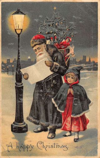 A Happy Christmas Santa With Toys Little Girl At Night Antique Pc Zb548253