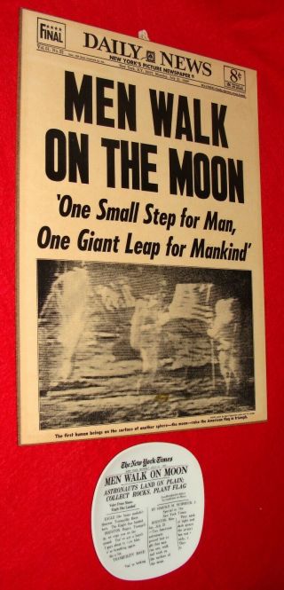 July 21 1969 Apollo 11 Moon Landing Newspaper Headlines Laminated On Board,  Dish
